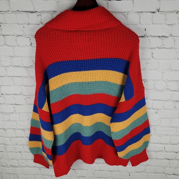 WEEKEND by SUZANNE BETRO | knit rainbow stripe cowl neck bubble sleeve sweater - Picture 2 of 6